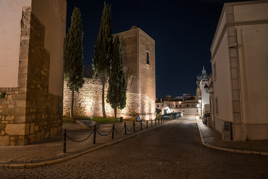 Faro Portugal Old Town Medieval Tower and Street at Night