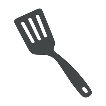 Minimalist kitchen slotted turner with an ergonomic handle and rectangular head in charcoal black isolated on white background, cooking and kitchenware concept