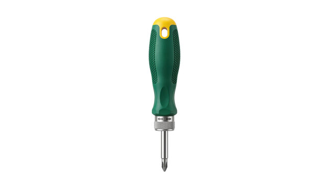 Professional screwdriver with green and yellow handle, manual hand tool for repair, steel phillips head screwdriver on white background