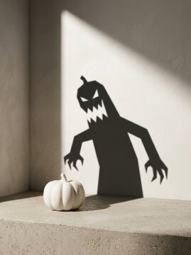 Minimalist Halloween conceptual photography featuring a white ceramic pumpkin casting a large monster shadow for sale template and promotional use