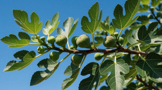 Green fig fruits grow on a branch with large leaves against a clear blue sky. The fruit is unripe and developing on the tree, indicating growth and natural produce.