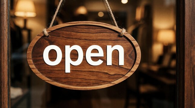 Wooden oval sign with white letters spelling open hangs on shop door. Small business invites customers inside for commerce. Retail establishment ready for shoppers during the day.