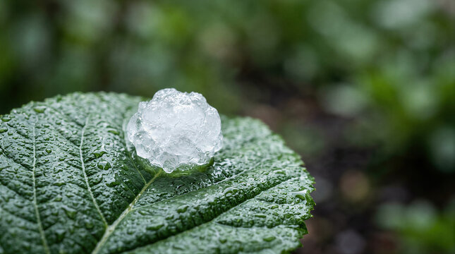 Large hailstone on wet green leaf covered with water drop. Severe storm and extreme weather phenomenon. Climate change and hail damage to nature and agriculture concept