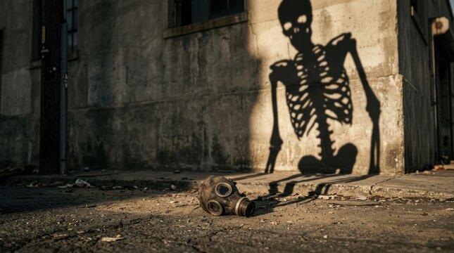 Apocalyptic conceptual image of a gas mask casting a skeletal shadow on a city wall.