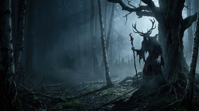 Cinematic folk horror banner with antlered entity in misty ancient forest and large functional copy space