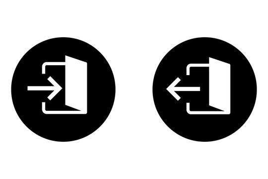 Black and white circular icons showing enter and exit door symbols with directional arrows