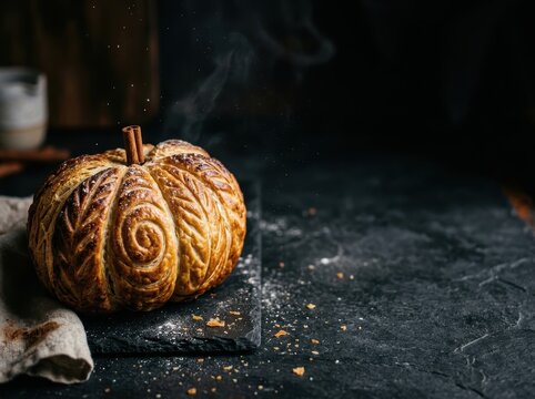 Artisanal pumpkin-shaped puff pastry with cinnamon stem on dark slate; moody cinematic Halloween food photography with steam and functional copy space for advertising.