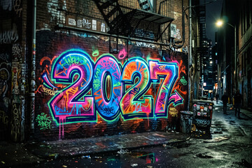 Vibrant 2027 graffiti mural in a dark alleyway at night © Golapi