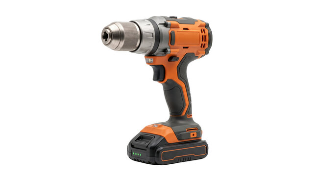 Cordless power drill with orange and black casing, professional electric screwdriver tool, battery operated hand drill for construction and DIY
