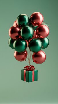 Christmas gift box with red and green balloons and festive ribbon floating against green background