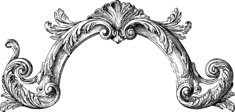 Ornate antique engraved arch ornament with rococo scrollwork and decorative foliage for frame background and architectural embellishment design
