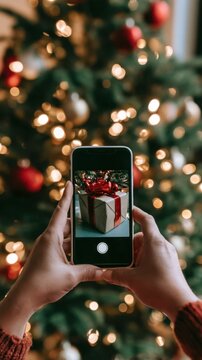 Hands holding smartphone photographing a wrapped gift with red bow in front of a Christmas tree full of lights