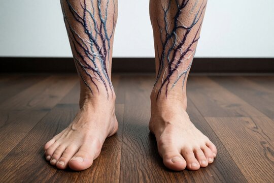 Closeup of elderly person legs with severe varicose veins. Blue swollen veins visible on skin surface. Patient suffers from poor blood circulation, vascular disease. Medical condition shows skin