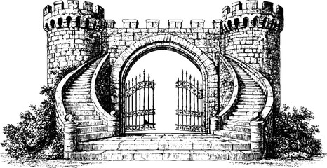 Fototapeta premium Antique castle gate engraving with twin spiral staircases and arched iron entrance for historical background or banner design