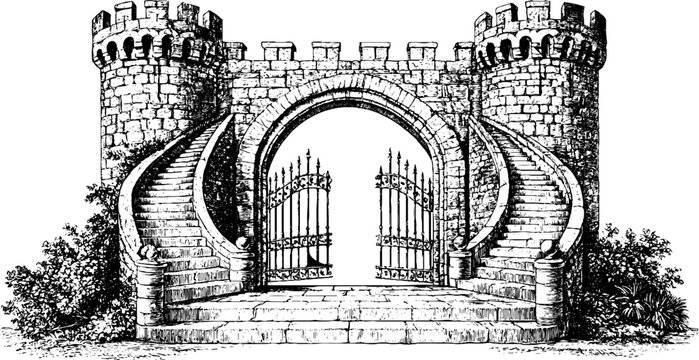 Antique castle gate engraving with twin spiral staircases and arched iron entrance for historical background or banner design
