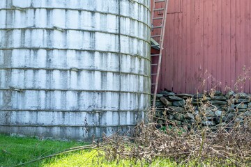 Fototapeta premium Old silo and red barn with unkempt lawn on farm