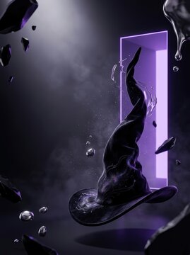 Surreal High-Fashion Velvet Witch Hat Floating in Dark Ethereal Space with Glowing Purple Portal and Liquid Mercury Droplets