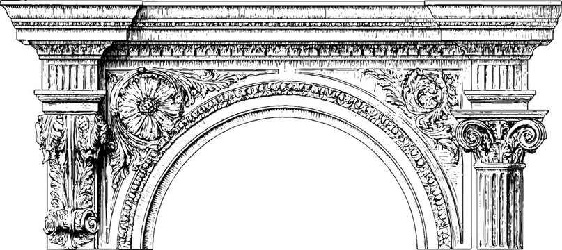 Antique engraved architectural arch with columns and floral rosette ornament for vintage frame design and decorative header