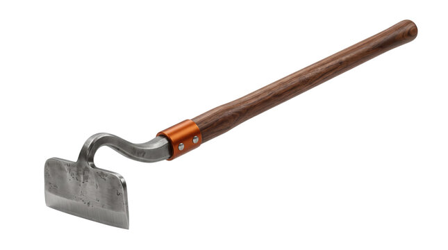 Traditional garden hoe with wooden handle, metal weeding tool for farming. Manual agricultural hand tool, rustic gardening equipment on white background.