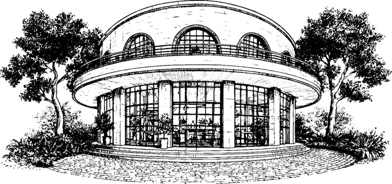 Antique engraved constructivist round public building with glass facade and surrounding trees isolated on white for architectural background and design reference