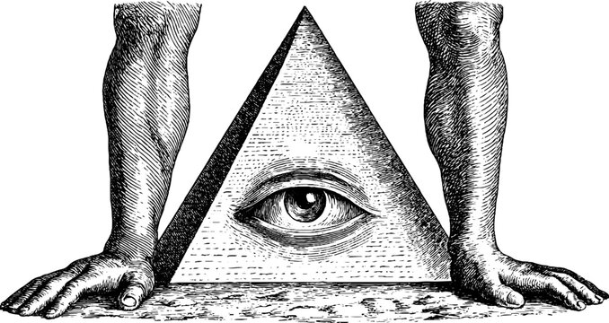 Triangle frame engraving with central eye and human hands isolated on white for symbolic emblem background and occult poster design