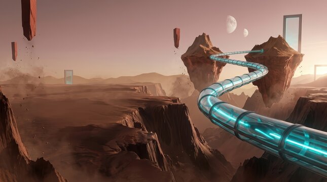 Surreal Mars maglev transport network through canyons and floating peaks with advertising copy space and dual moons.
