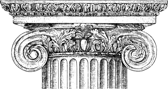 Antique engraved ionic doric column capital with scrolls and ornamental frieze on white background for architectural decoration and design accents
