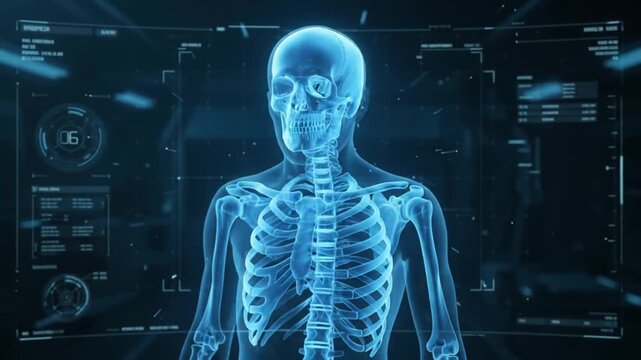 Futuristic Medical Scan Blue X Ray Skeleton Anatomy Animation with Data Overlays