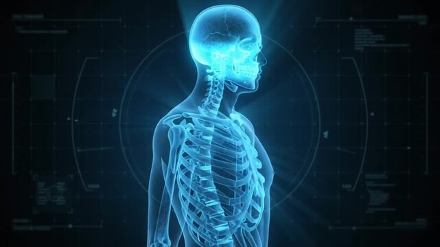 Futuristic Medical Scan Glowing Blue Human Skeleton Hologram with Data Interface