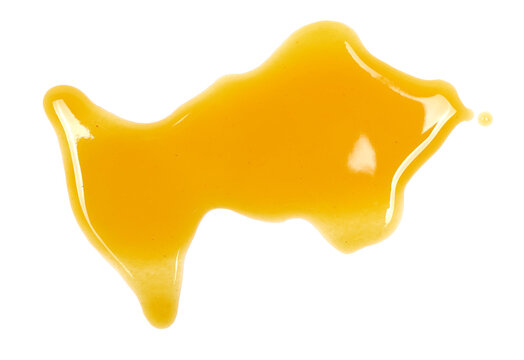 Spilled drops of fresh apple and peach juice isolated on white background, top view