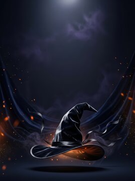 Premium Conceptual Witch Hat Floating on Obsidian Velvet with Ethereal Glow, Midnight Mist, and Large Copy Space for Halloween Fashion Campaign