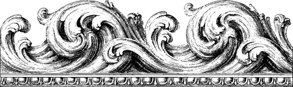 Antique flowing water wave pattern engraving border isolated on white for ornament background and decorative border design