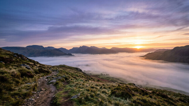 Sunrise over foggy mountain valley with hiking trail on grassy ridge. Dramatic landscape with low cloud inversion at dawn. Nature beauty and outdoor travel adventure grand concept.