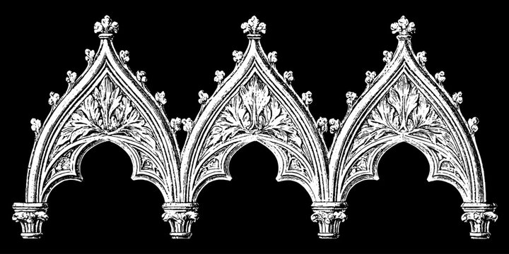 Antique gothic pointed arch tracery border engraving on black background for ornamental design and dramatic architectural decoration element