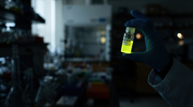 Scientist hand in glove holding glowing yellow vial with liquid sample in laboratory. Medical research and biotechnology experiment. Chemical analysis and drug development concept