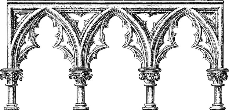 Antique engraving of gothic triforium border with triple pointed arches and slender columns isolated on white for classical architecture background and ornamental border design