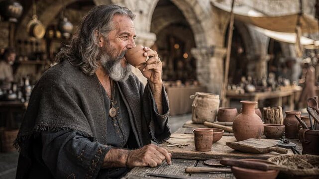 Elderly potter drinks from clay mug beside handmade ceramics, rustic market 