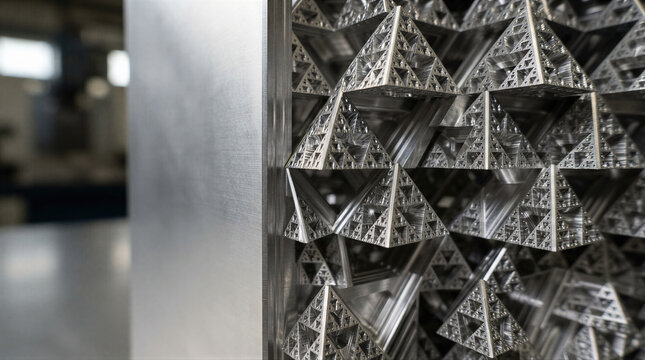Intricate metallic fractal pyramid structure with Sierpinski triangle pattern created by CNC milling. Advanced precision engineering and modern industrial manufacturing