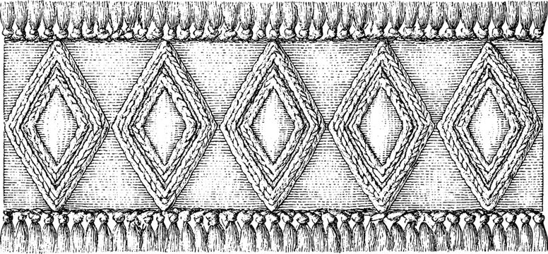 Antique engraved inca diamond border pattern with tassel fringe for textile repeat background and ethnic fabric design