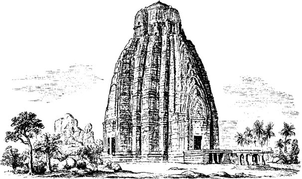 Antique engraving hindu temple shikhara tower isolated on white with surrounding landscape for architectural background and historical illustration