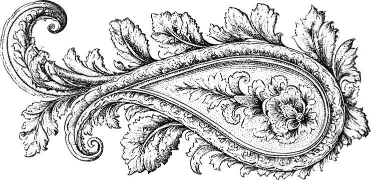 Antique paisley pattern engraving with large floral teardrop motif and leaf scroll for vintage ornamental pattern design wallpaper textile and fabric repeat