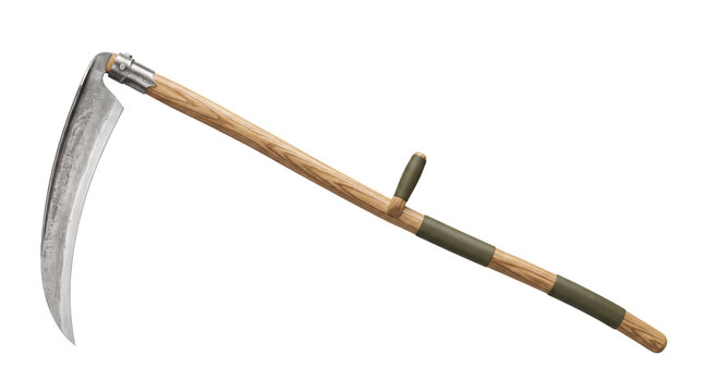 Traditional farming scythe with wooden handle, sharp steel blade for harvesting, rustic agricultural hand tool on white background