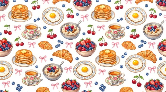 Seamless Watercolor Breakfast Pattern with Pancakes, Eggs, Coffee, Pastries, and Fresh Berries