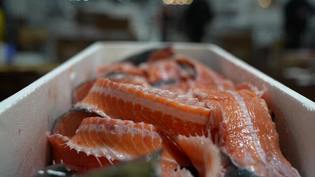 Close-up shot of fresh raw salmon trimmings displayed in a container at a seafood market, highlighting vibrant orange textures and food preparation.
