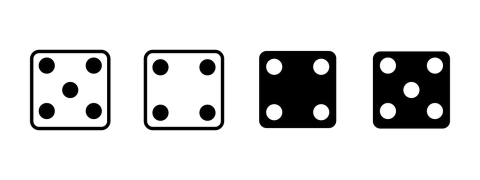 Set of four simple black and white dice icons showing four and five dots
