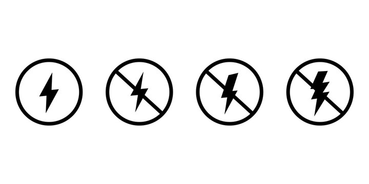 Set of black lightning bolt and no flash warning icons in circles