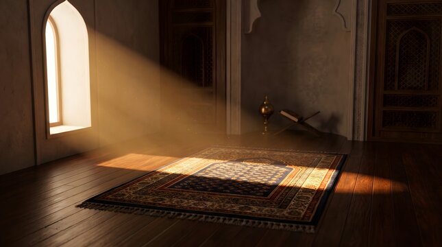 Sunbeams Streaming Through Window onto Islamic Prayer Mat in Quiet Mosque Interior