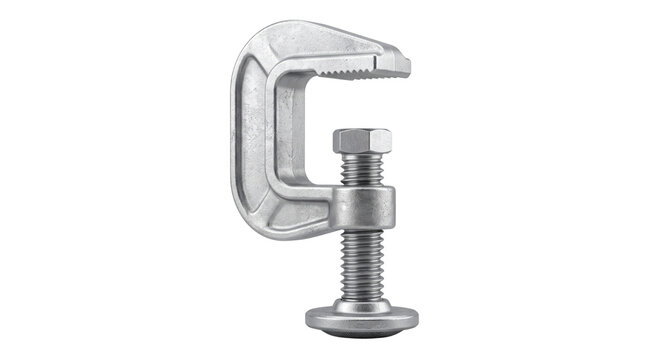 Industrial metal C-clamp tool, heavy duty steel screw clamp for woodworking, adjustable silver vice grip on white background