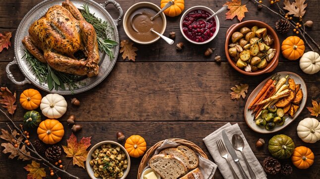 Top view of a festive thanksgiving dinner table with roasted turkey and seasonal vegetables wishing everyone a happy halloween celebration