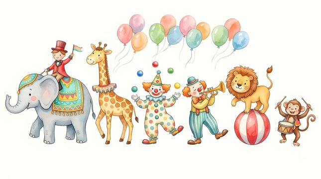 Whimsical Vintage Circus Parade with Lion, Elephant, Giraffe, Balloons and Carnival Characters